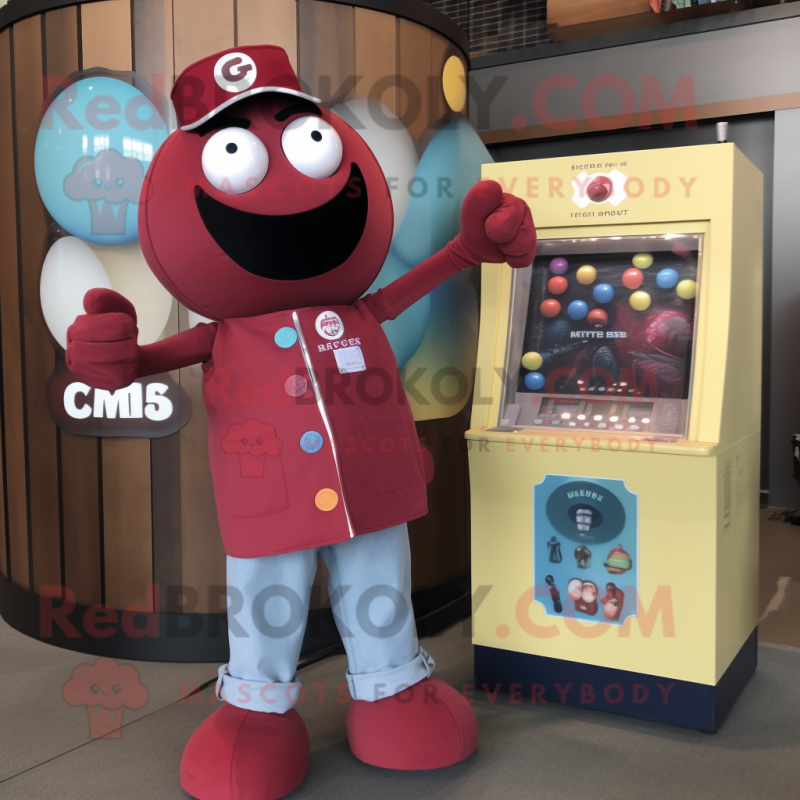 Maroon Gumball Machine mascot costume character dressed with a Chambray Shirt and Earrings