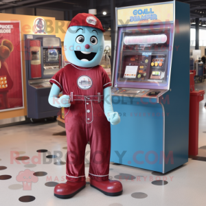 Maroon Gumball Machine mascot costume character dressed with a Chambray Shirt and Earrings