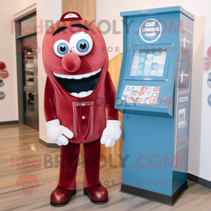 Maroon Gumball Machine mascot costume character dressed with a Chambray Shirt and Earrings