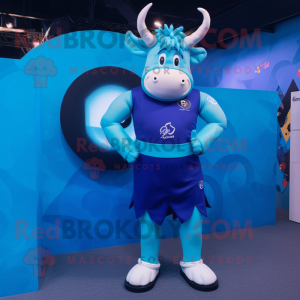 Blue Bull mascot costume character dressed with a Swimwear and Digital watches