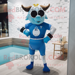 Blue Bull mascot costume character dressed with a Swimwear and Digital watches