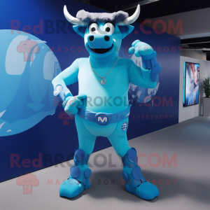 Blue Bull mascot costume character dressed with a Swimwear and Digital watches