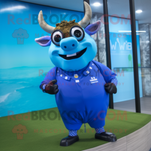 Blue Bull mascot costume character dressed with a Swimwear and Digital watches