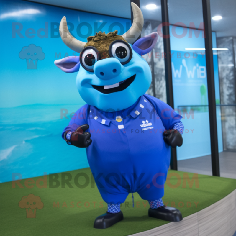 Blue Bull mascot costume character dressed with a Swimwear and Digital watches Blue Bull mascot costume character dressed with a Swimwear and Digital watches