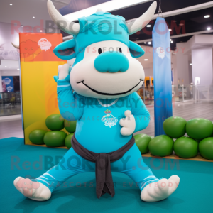 Cyan Buffalo mascot costume character dressed with a Yoga Pants and Beanies