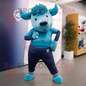 Cyan Buffalo mascot costume character dressed with a Yoga Pants and Beanies