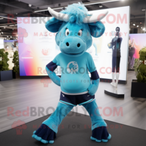Cyan Buffalo mascot costume character dressed with a Yoga Pants and Beanies