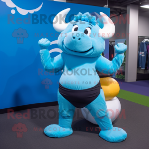 Cyan Buffalo mascot costume character dressed with a Yoga Pants and Beanies