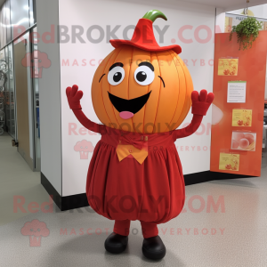 Red Pumpkin mascot costume character dressed with a Dress Shirt and Suspenders
