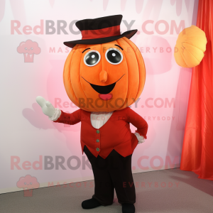 Red Pumpkin mascot costume character dressed with a Dress Shirt and Suspenders