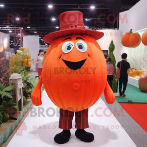 Red Pumpkin mascot costume character dressed with a Dress Shirt and Suspenders