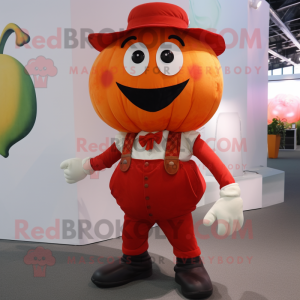 Red Pumpkin mascot costume character dressed with a Dress Shirt and Suspenders