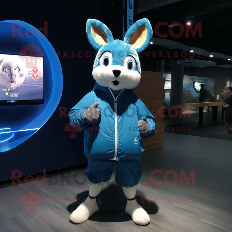 Blue Deer mascot costume character dressed with a Bomber Jacket and Shawl pins