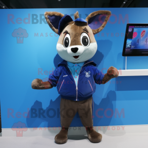 Blue Deer mascot costume character dressed with a Bomber Jacket and Shawl pins