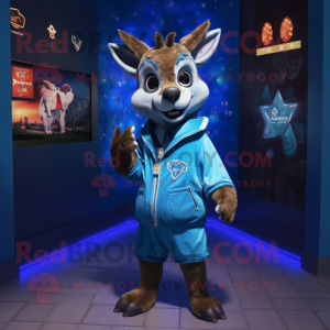 Blue Deer mascot costume character dressed with a Bomber Jacket and Shawl pins