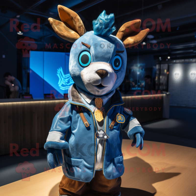 Blue Deer mascot costume character dressed with a Bomber Jacket and Shawl pins