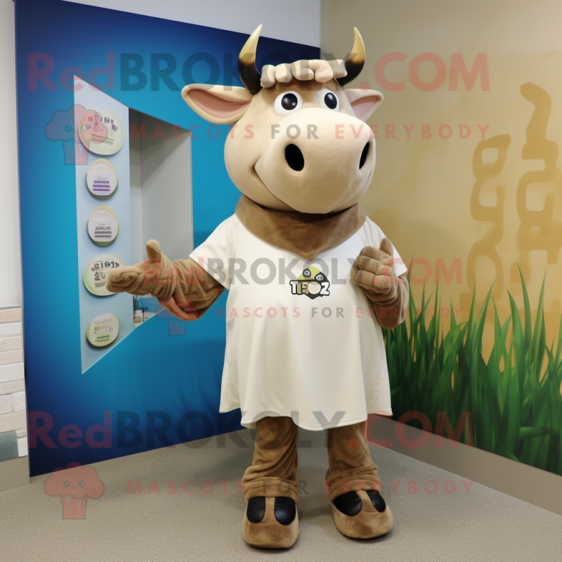 Beige Zebu mascot costume character dressed with a Graphic Tee and Keychains