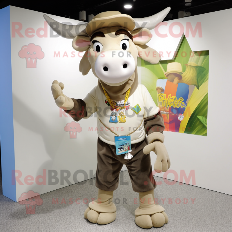 Beige Zebu mascot costume character dressed with a Graphic Tee and Keychains