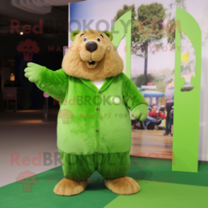 Lime Green Beaver mascot costume character dressed with a Coat and Anklets