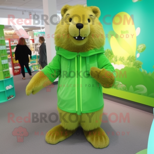 Lime Green Beaver mascot costume character dressed with a Coat and Anklets