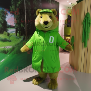 Lime Green Beaver mascot costume character dressed with a Coat and Anklets
