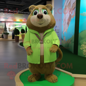 Lime Green Beaver mascot costume character dressed with a Coat and Anklets