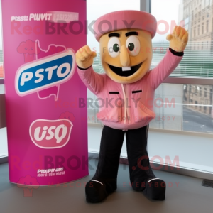Pink Pesto Pasta mascot costume character dressed with a Moto Jacket and Foot pads