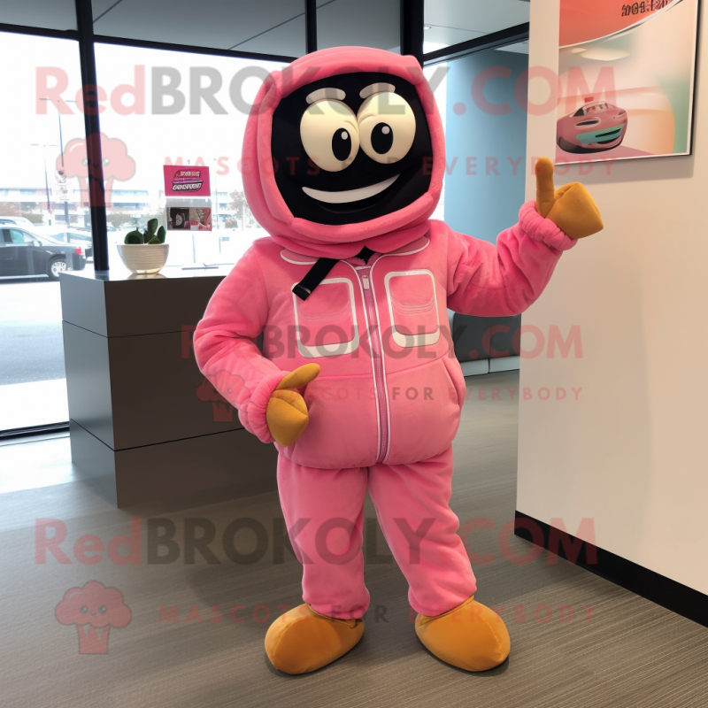 Pink Pesto Pasta mascot costume character dressed with a Moto Jacket and Foot pads