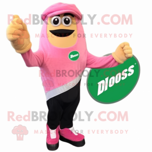 Pink Pesto Pasta mascot costume character dressed with a Moto Jacket and Foot pads