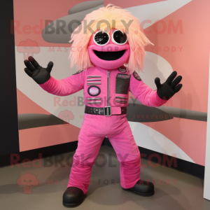 Pink Pesto Pasta mascot costume character dressed with a Moto Jacket and Foot pads