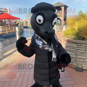 Black Seahorse mascot costume character dressed with a Parka and Scarves