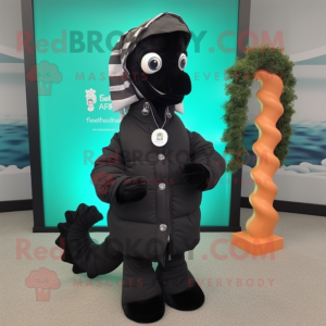 Black Seahorse mascot costume character dressed with a Parka and Scarves