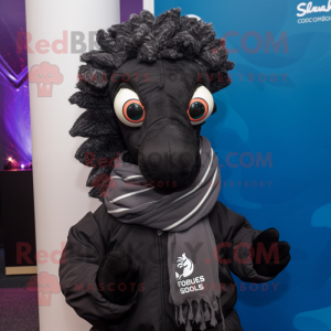 Black Seahorse mascot costume character dressed with a Parka and Scarves