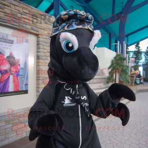 Black Seahorse mascot costume character dressed with a Parka and Scarves