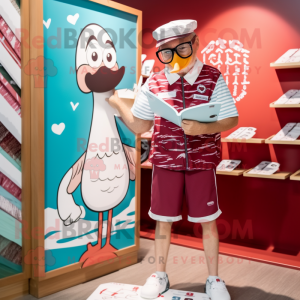 Maroon Swans mascot costume character dressed with a Board Shorts and Reading glasses