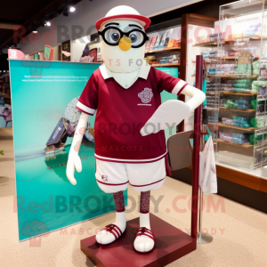 Maroon Swans mascot costume character dressed with a Board Shorts and Reading glasses