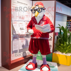 Maroon Swans mascot costume character dressed with a Board Shorts and Reading glasses