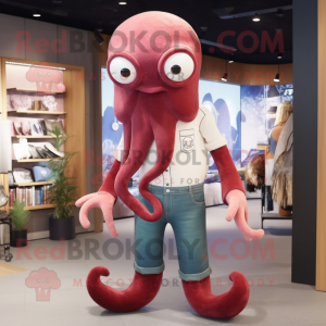 Maroon Octopus mascot costume character dressed with a Bootcut Jeans and Cummerbunds
