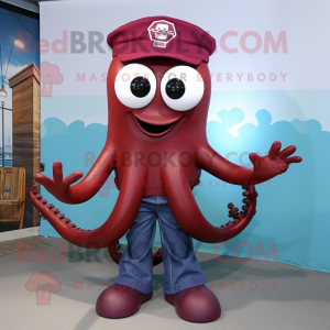 Maroon Octopus mascot costume character dressed with a Bootcut Jeans and Cummerbunds