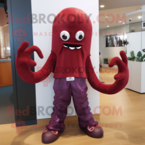 Maroon Octopus mascot costume character dressed with a Bootcut Jeans and Cummerbunds