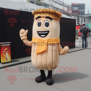 Tan French Fries mascot costume character dressed with a Vest and Beanies