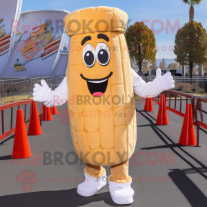 Tan French Fries mascot costume character dressed with a Vest and Beanies