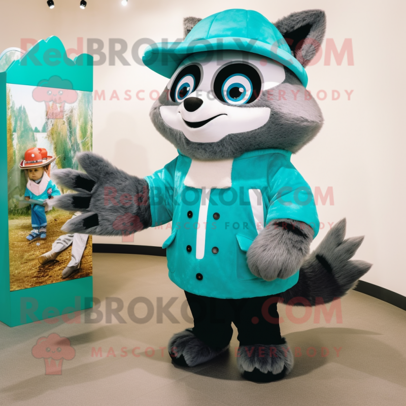 Cyan Raccoon mascot costume character dressed with a Coat and Watches