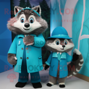 Cyan Raccoon mascot costume character dressed with a Coat and Watches