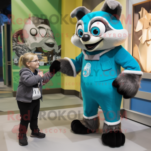 Cyan Raccoon mascot costume character dressed with a Coat and Watches