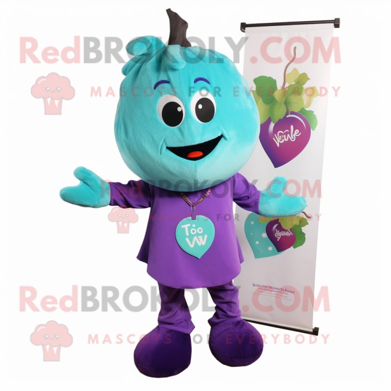 Turquoise Grape mascot costume character dressed with a V-Neck Tee and Tie pins