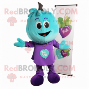 Turquoise Grape mascot costume character dressed with a V-Neck Tee and Tie pins