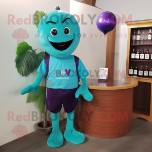 Turquoise Grape mascot costume character dressed with a V-Neck Tee and Tie pins