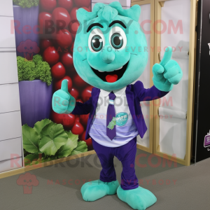 Turquoise Grape mascot costume character dressed with a V-Neck Tee and Tie pins