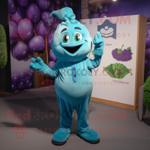 Turquoise Grape mascot costume character dressed with a V-Neck Tee and Tie pins